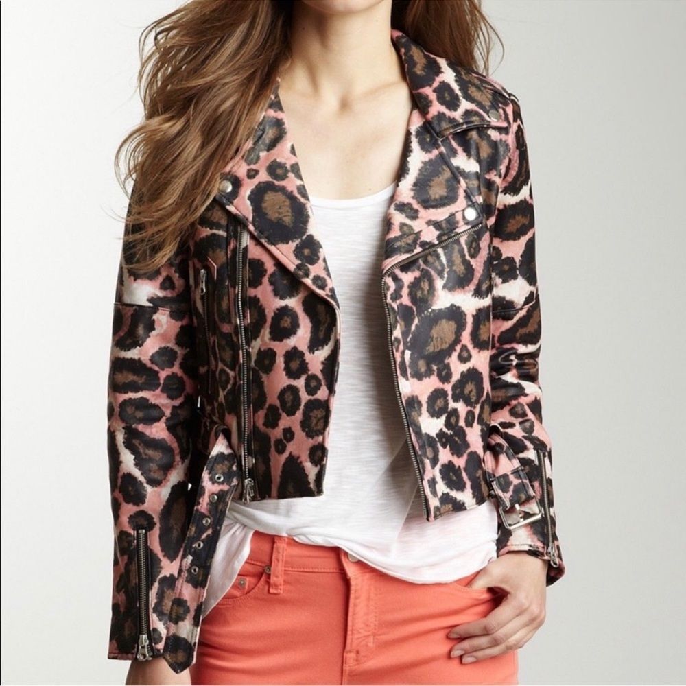 Rebecca Minkoff Pink & Black Leopard Print Leather Jacket